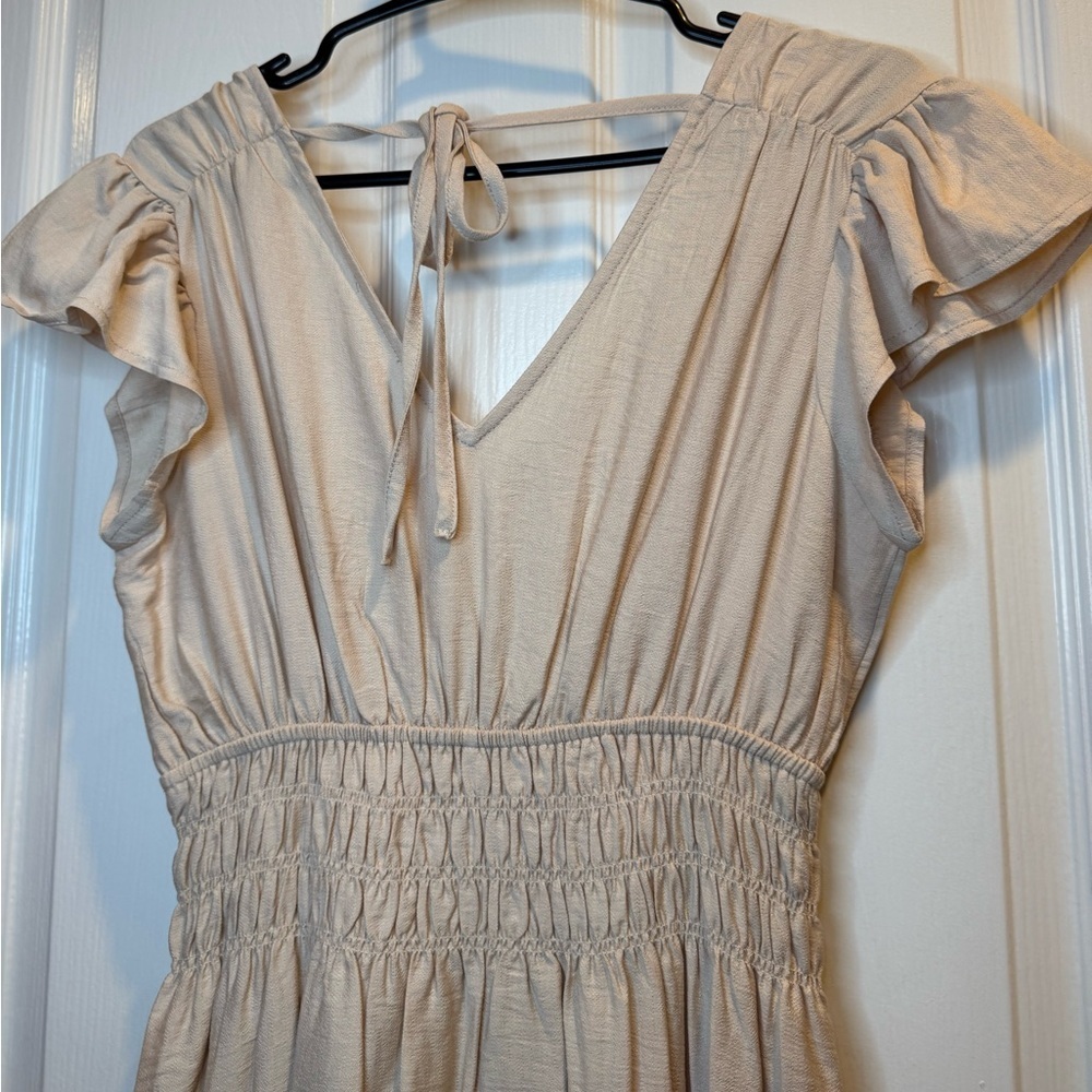 NWT August Sky Light Khaki V Neck Short Sleeve Midi Dress Size S - Picture 7 of 8